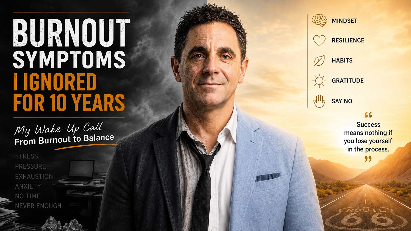 Business coach sharing the burnout symptoms he ignored for 10 years and his journey to burnout recovery.